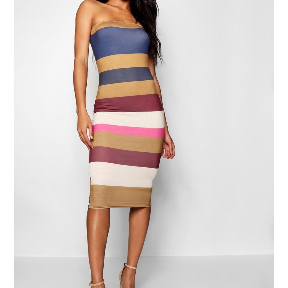 Boohoo Tonal Stripe Bandeau Dress